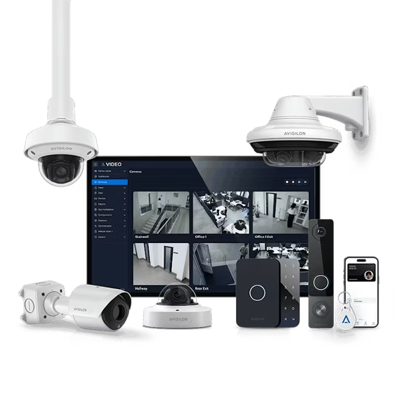 Système complet de vidéosurveillance avec caméras, écran de monitoring et contrôle d'accès